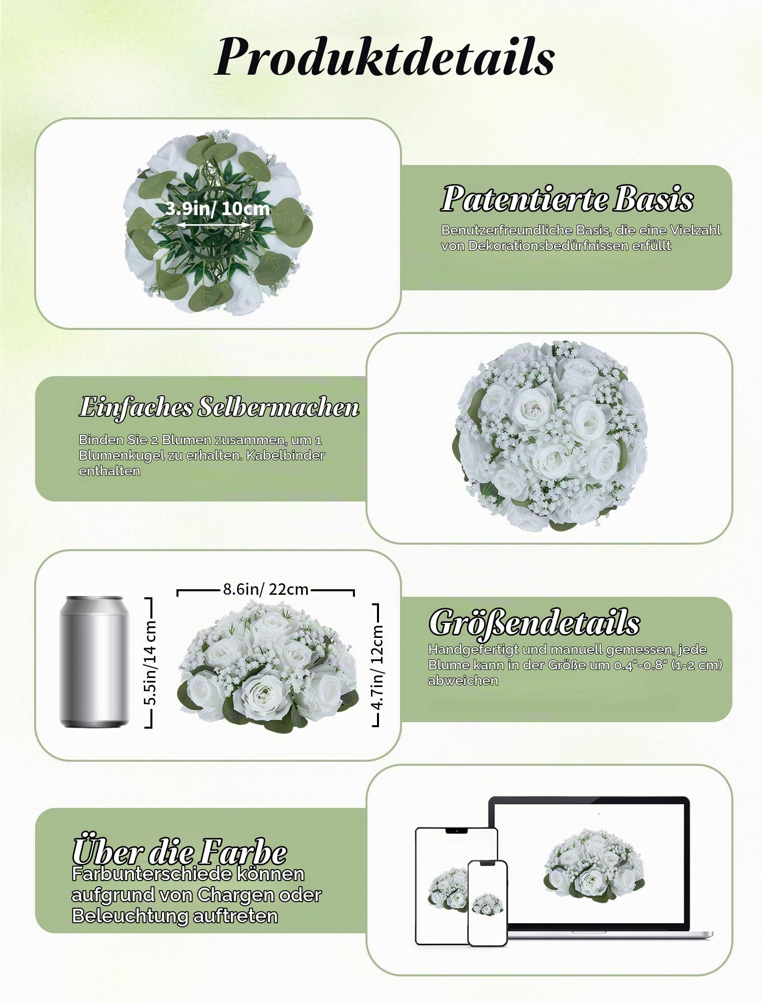 BLOSMON Kunstblumen Rosen Schleierkraut Hochzeitsdeko, 10 Stück, Weiß | Künstliche Rose Gypsophila Blumenstrauß, Blumen Kugeln für Tischdeko, Hochzeit Party, Tafelaufsätze Dekoration, Zimmer Deko