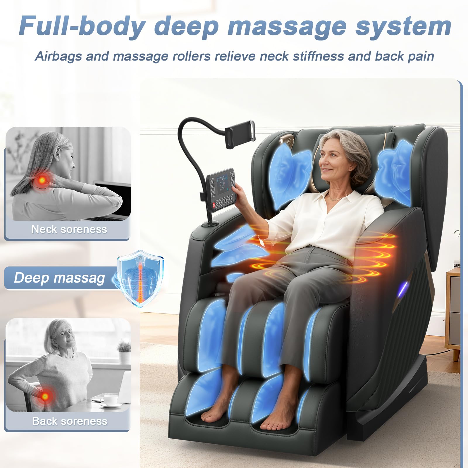 Sillón de Masaje de Cuerpo Completo, Modo Gravedad Cero, con 16 Puntos de Masaje y 8 airbags, calefacción Lumbar, Rodillo para pantorrillas y Masaje con airbags, Altavoz Bluetooth