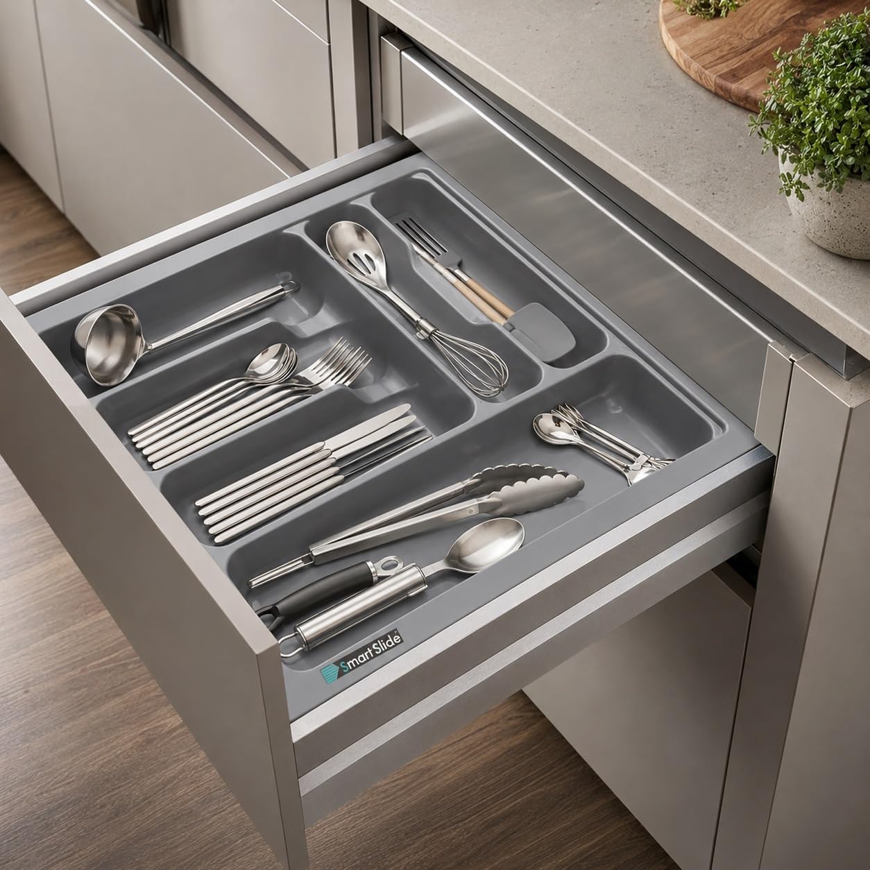 SmartSlide Heavy PVC Cutlery Tray for Kitchen Drawer – Grey (430x525 mm / 17x21 Inch), Multi-Purpose Organizer for Modular Kitchen, Flatware Organizer-picture-12