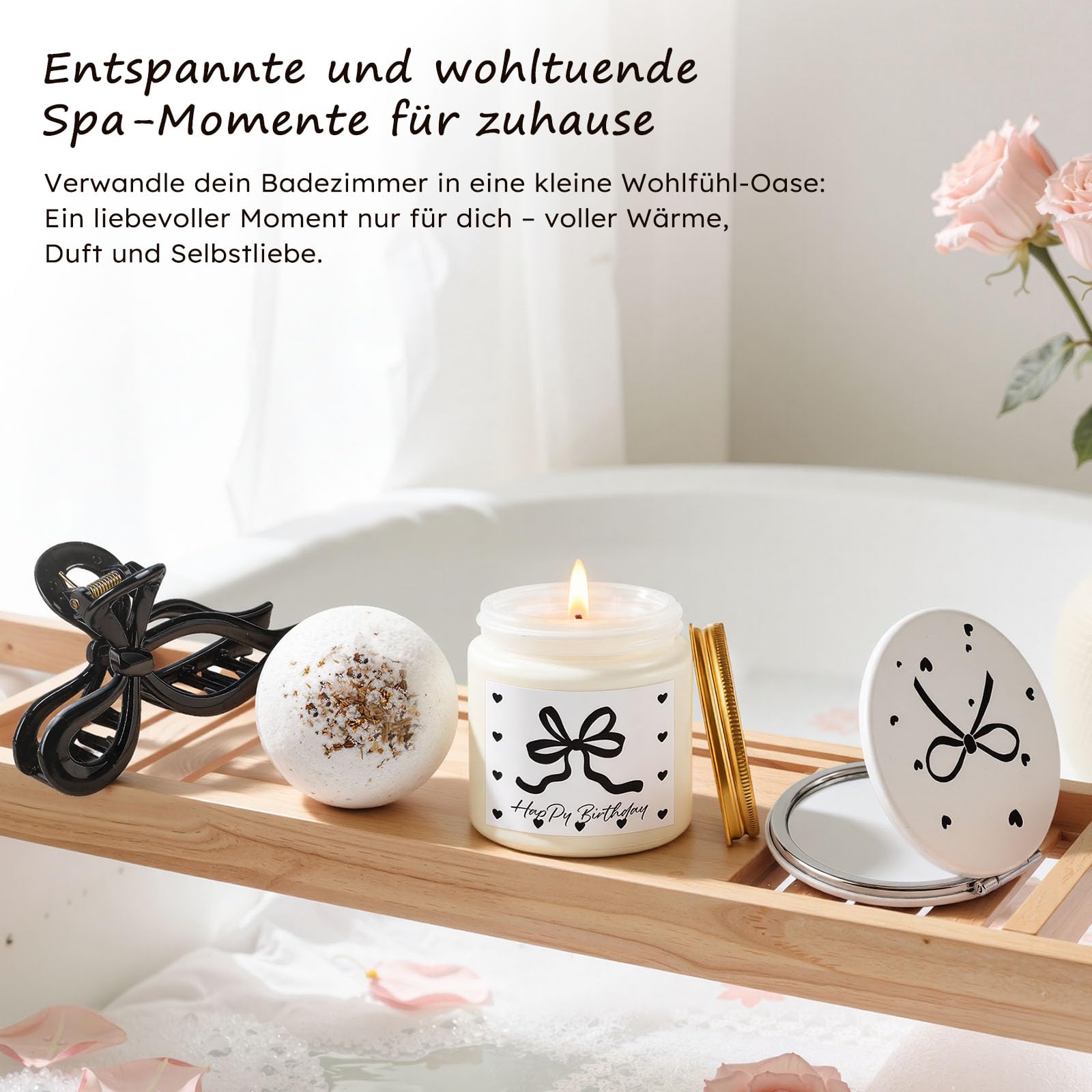 Elegantes Geburtstagsgeschenk für Frauen – Schwarze Schleifen Geschenkbox als exklusives Wellness Geschenkset mit Duftkerze, Badebombe & stilvollen Beauty Accessoires