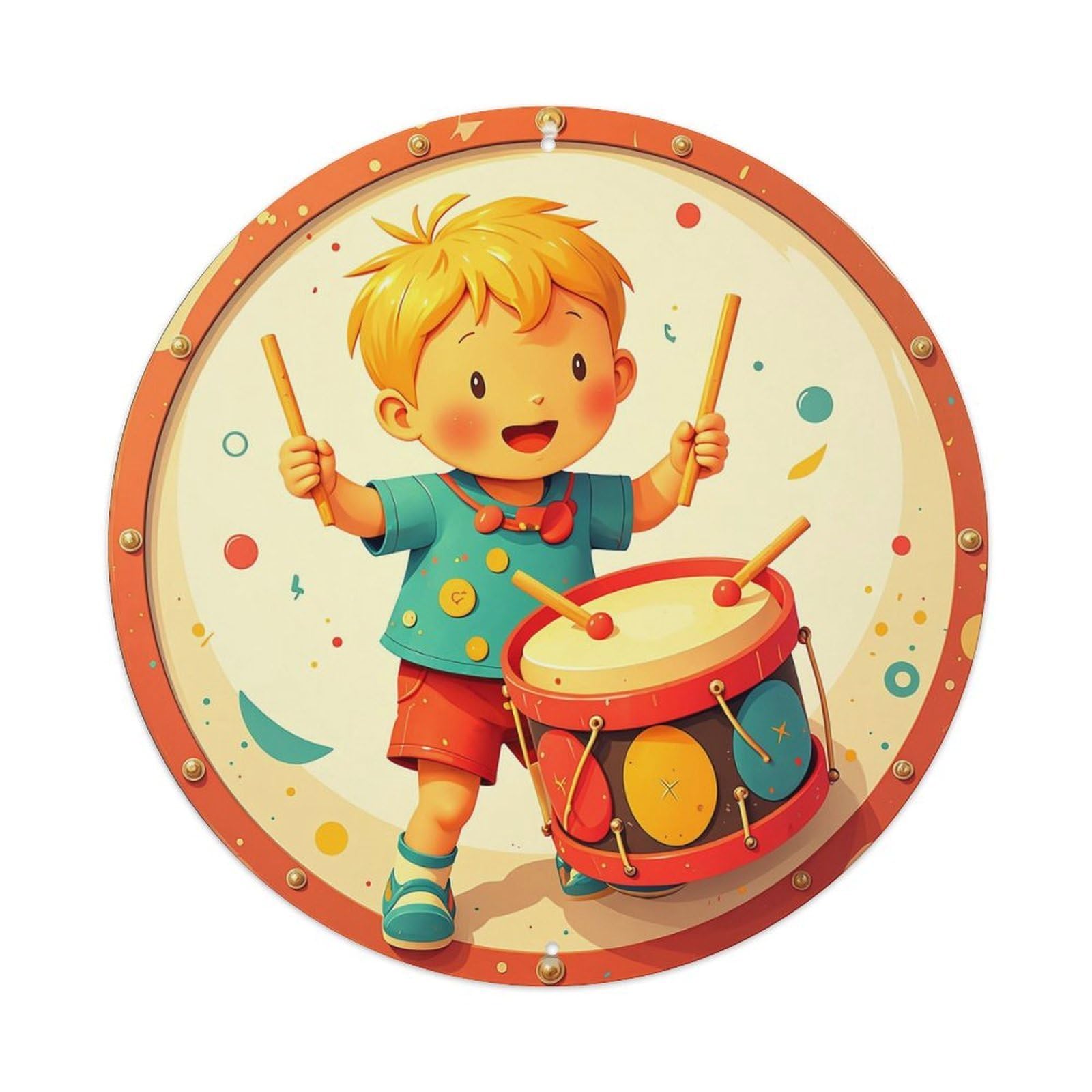 Happy Boy Playing Drum Music Retro Metal Sign Round Tin Sign, Vintage Decor Art Poster for Bar, Home, Man Cave, Kitchen, Laundry Room Gift 8x8Inch