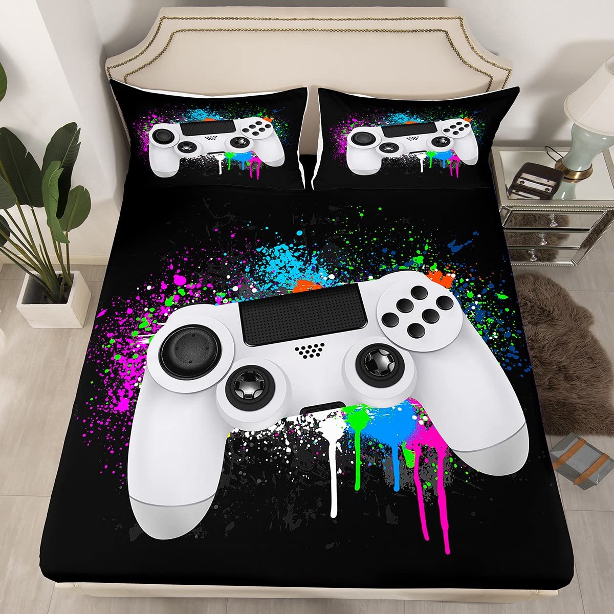 Loussiesd Luxury Gamepad Fitted Sheet 100% Microfiber Breathable Colorful Tie Dye Only Bedsheet No Pillowcases Fitted SheetsDouble(135x200+30cm) - Image 3