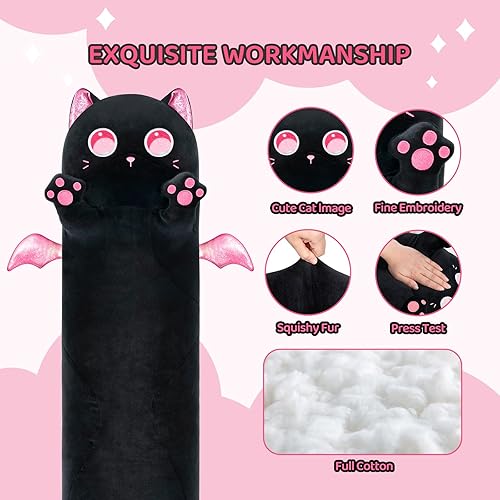 Miniatura 2 de Almohada larga de felpa con forma de gato, 53 pulgadas, lindo gato negro de peluche, peluche suave, almohada Kawaii con ojos rosados, regalo para