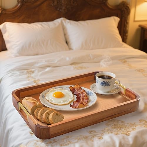 Miniatura 3 de Bandeja de madera de acacia con asas de metal, bandeja de bebidas de alimentos de 17 x 12 pulgadas para mesa de café, desayuno, cena y bar, bandeja