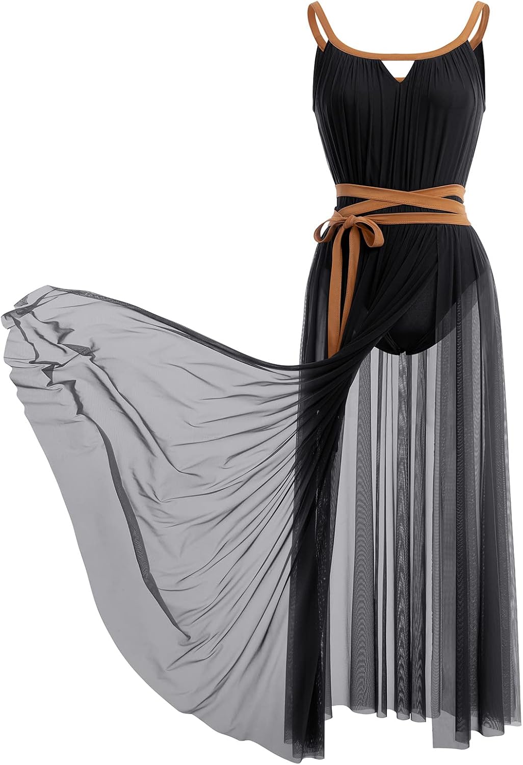 AFAVOM Women's One Piece Lyrical Dance Dress with Belt Contemporary Dance Costume Long Mesh Flowy Split Chiffon Tulle Skirt