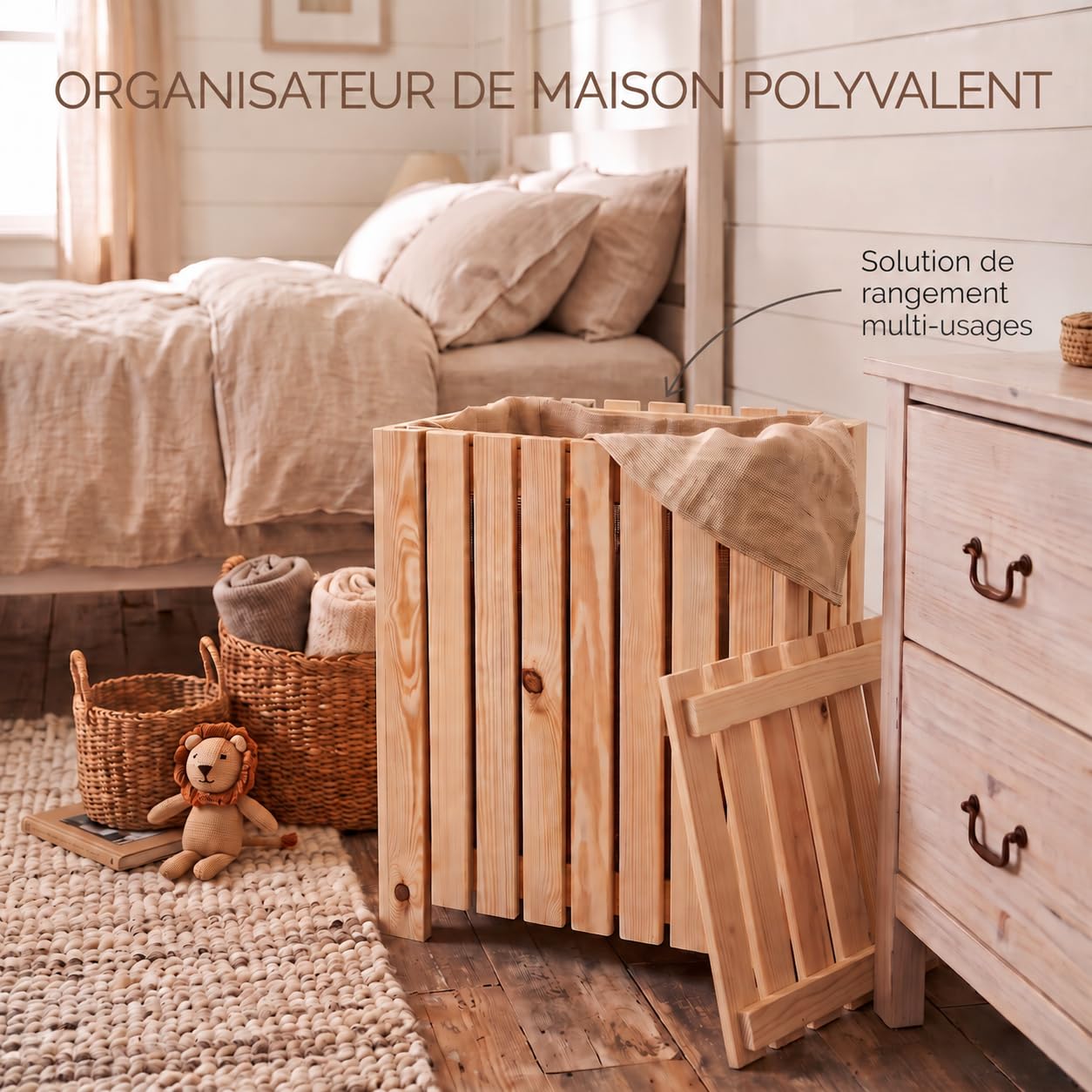 VELORA H&L Coffre à linge en bois avec couvercle - Panier à linge sale avec sac à linge amovible, bac à linge pour salle de bain, chambre et buanderie