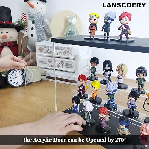Miniatura 7 de LANSCOERY Vitrina de acrílico transparente con luz, soporte de 2 niveles con base negra, escaparate de protección a prueba de polvo para figuras