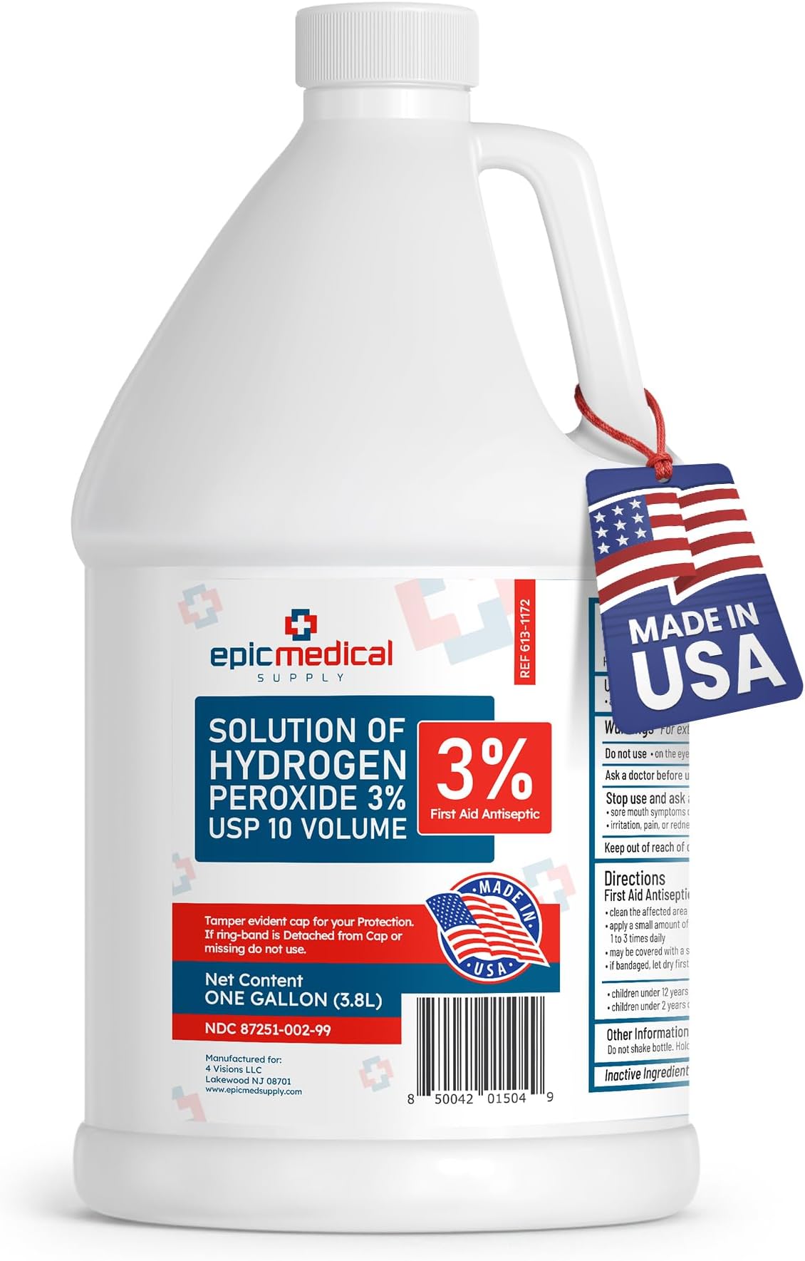 Epic Medical Supply 3% Hydrogen Peroxide - First Aid Antiseptic & Multipurpose Cleaner - Topical Wash for Cuts, Scrapes and Minor Cuts - H2O2 Hydrogen Peroxide 3 Percent USP Solution (1 Gallon)