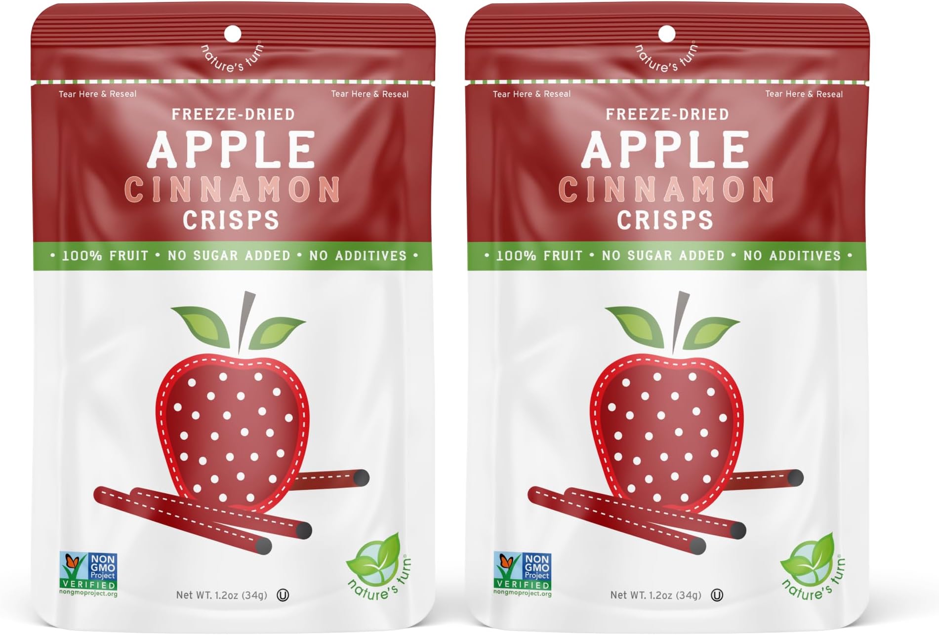 Nature’s Turn Freeze-Dried Apple Cinnamon Crisps – Healthy, Gluten-Free, Crispy & Delicious, Plant-Based Snack, Ideal for Cereal, Smoothies, School Lunches, & On-the-Go, Bags of 2 (1.2 oz Each)