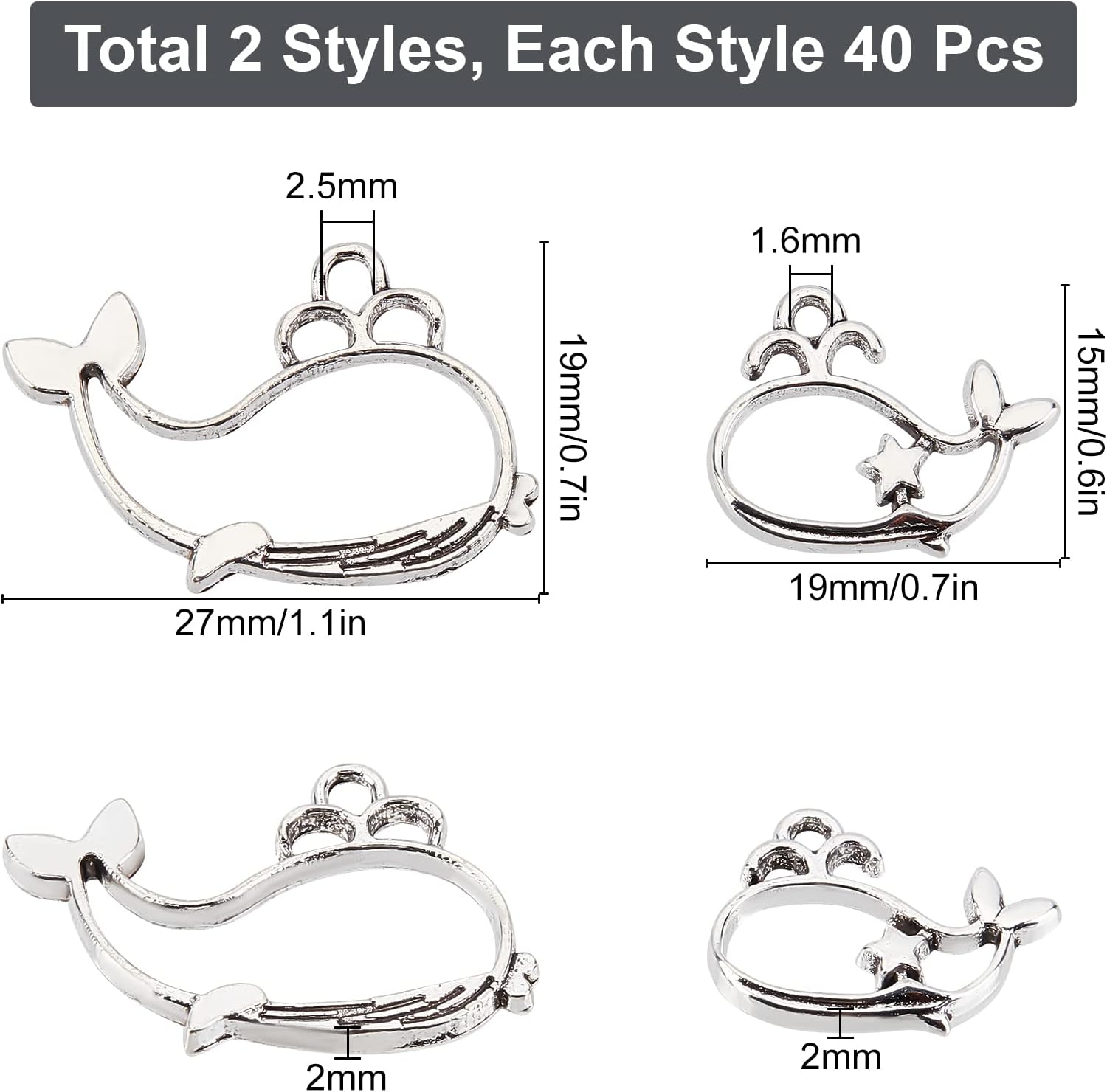 SUNNYCLUE 1 Box 80Pcs 2 Style Whale Bezel Charms Alloy Open Back Bezel Pendants for Bracelet Necklace Earrings Jewelry Making, Silver