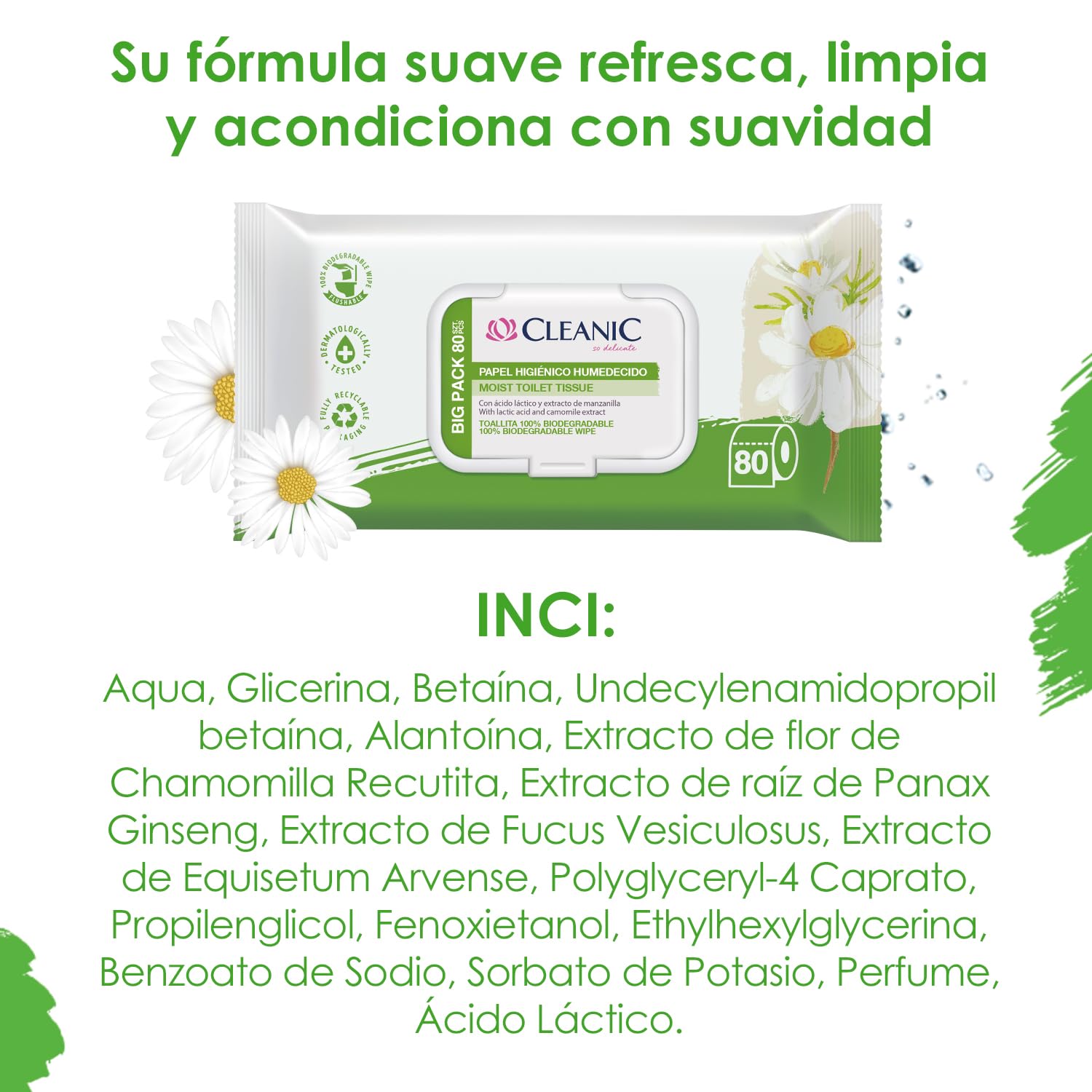 Cleanic Papel Higiénico Hidratado - (80 Piezas) Papel Higiénico - con Extracto de Manzanilla - Desechable - Toallitas Humedecidas para Limpieza Íntima - Apto para Pieles Sensibles - 80 Piezas