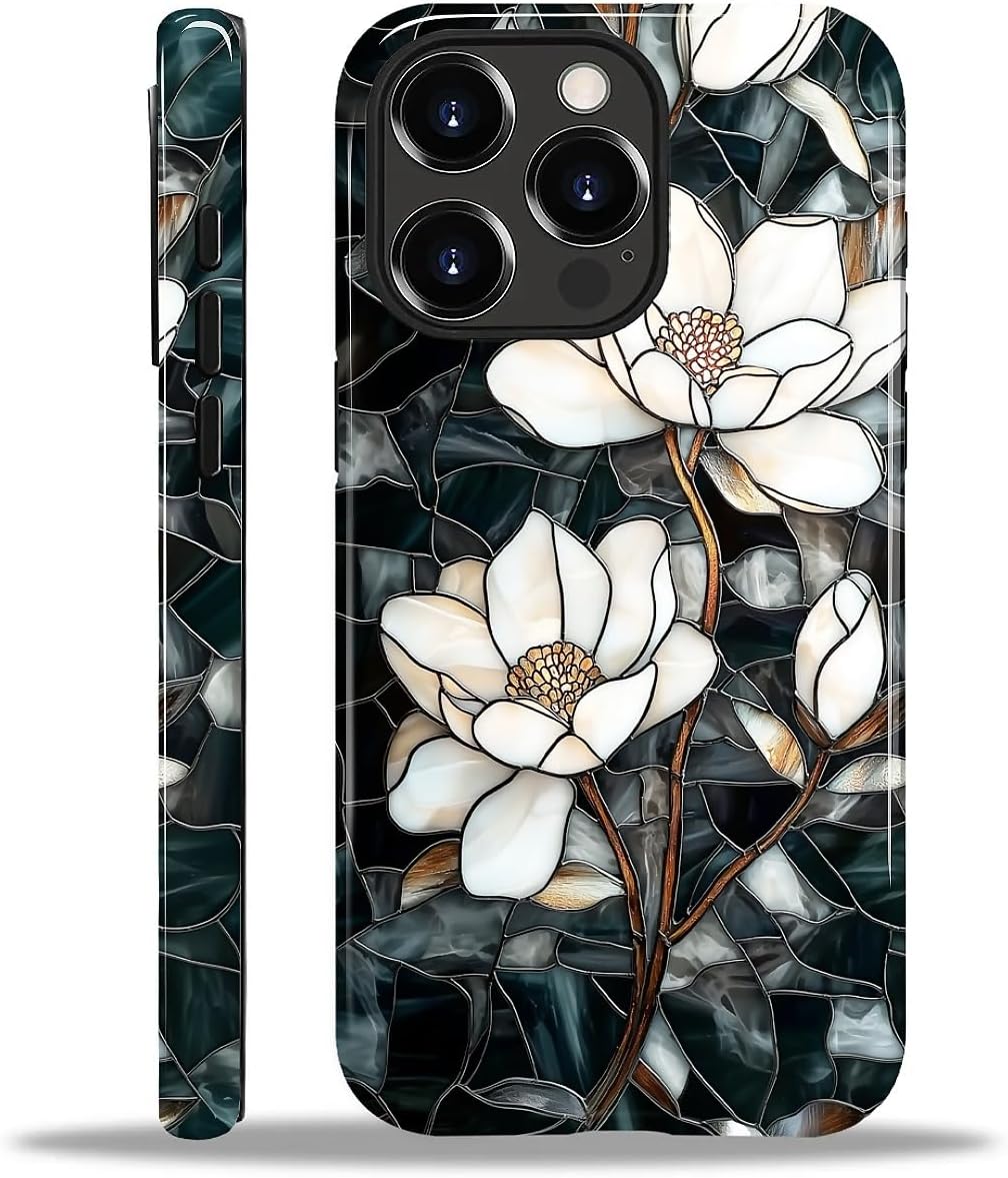 Magnetic Case for iPhone 15 Pro Max,Compatible with Magsafe,PC Hard Shell & Silicone Inner Bumper,Shockproof Full-Body Cover for iPhone 15 Pro Max Case - Stained Glass Unique Magnolia