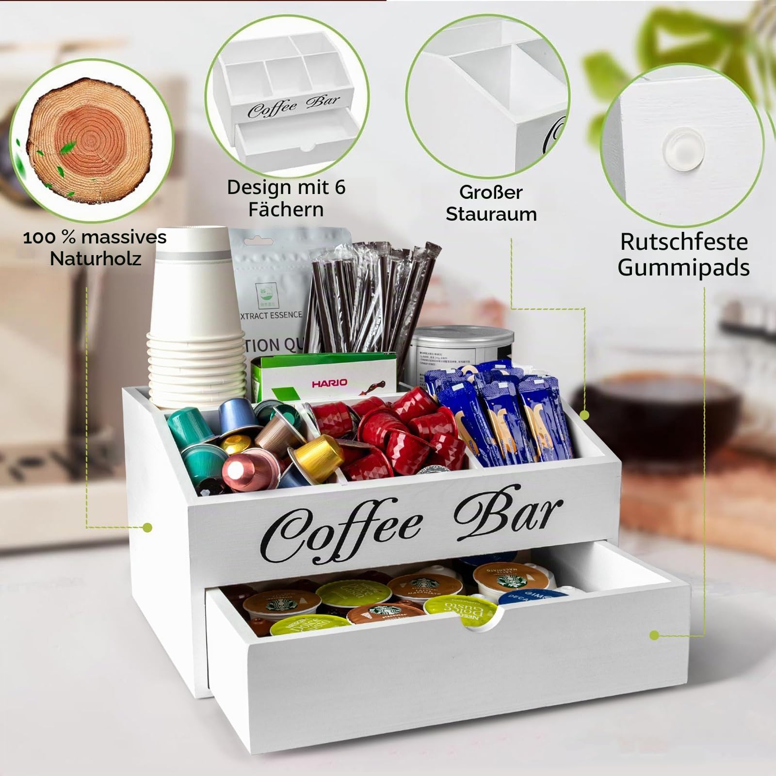 Kaffee Organizer-Tee Aufbewahrung,Kaffee Zubehör-Schubladenboxen Teebeutel Aufbewahrungsbox,Kaffeepads Aufbewahrung,Kaffeebar für Milch,Servietten, Kaffeekapseln,Zuckersticks (Weiß)