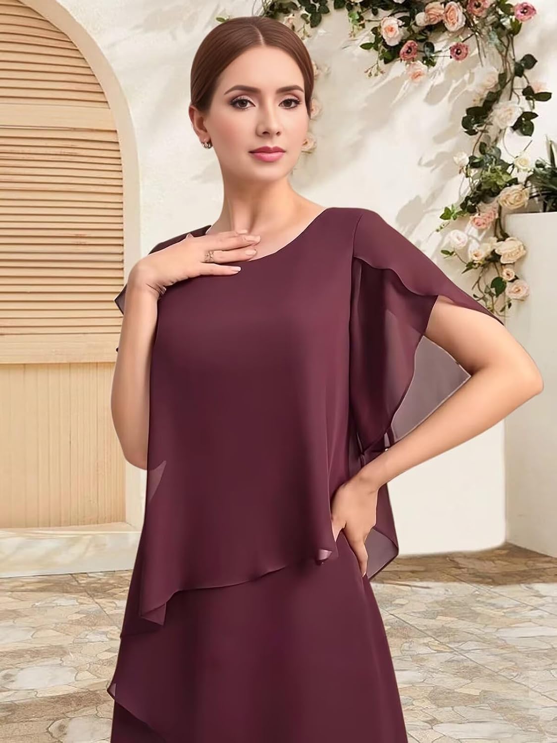 Chiffon Mother of The Bride Dresses for Women Tea Length Formal Wedding Guest Dress with Sleeves - Image 5