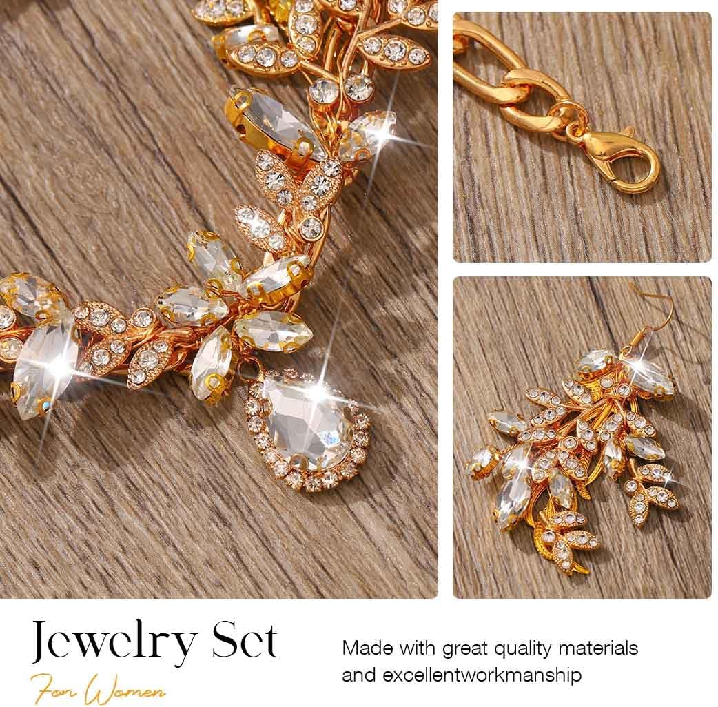 Yean Gold Bridal Jewelry Set Rhinestone Necklace and Earring Set Crystal Costume Prom Jewelry for Women and Bride - Image 6