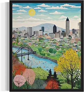 Portland Oregon Poster Art Print, City Skyline American Folk Art, Naive Artwork Painting Decor for Bedroom, Bathroom, Living room Gallery 36 (Portland Oregon, 11 x 14 inches, Unframed)