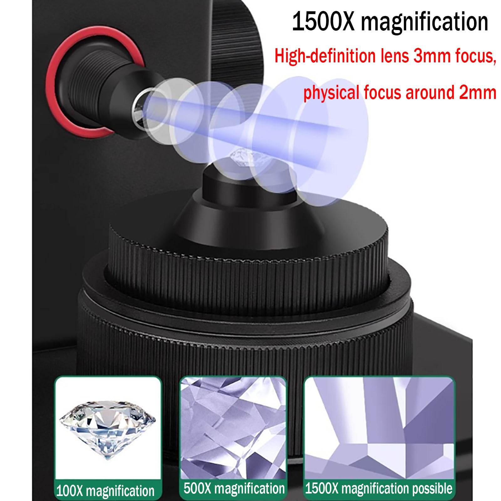 Diamentowy daszek do pasa, 4,3-calowa maszyna do pomiaru talii biżuterii, obrót o 360°, regulacja 180° w lewo i prawo, powiększenie o 50 do 1500X, z wypełnieniem LED