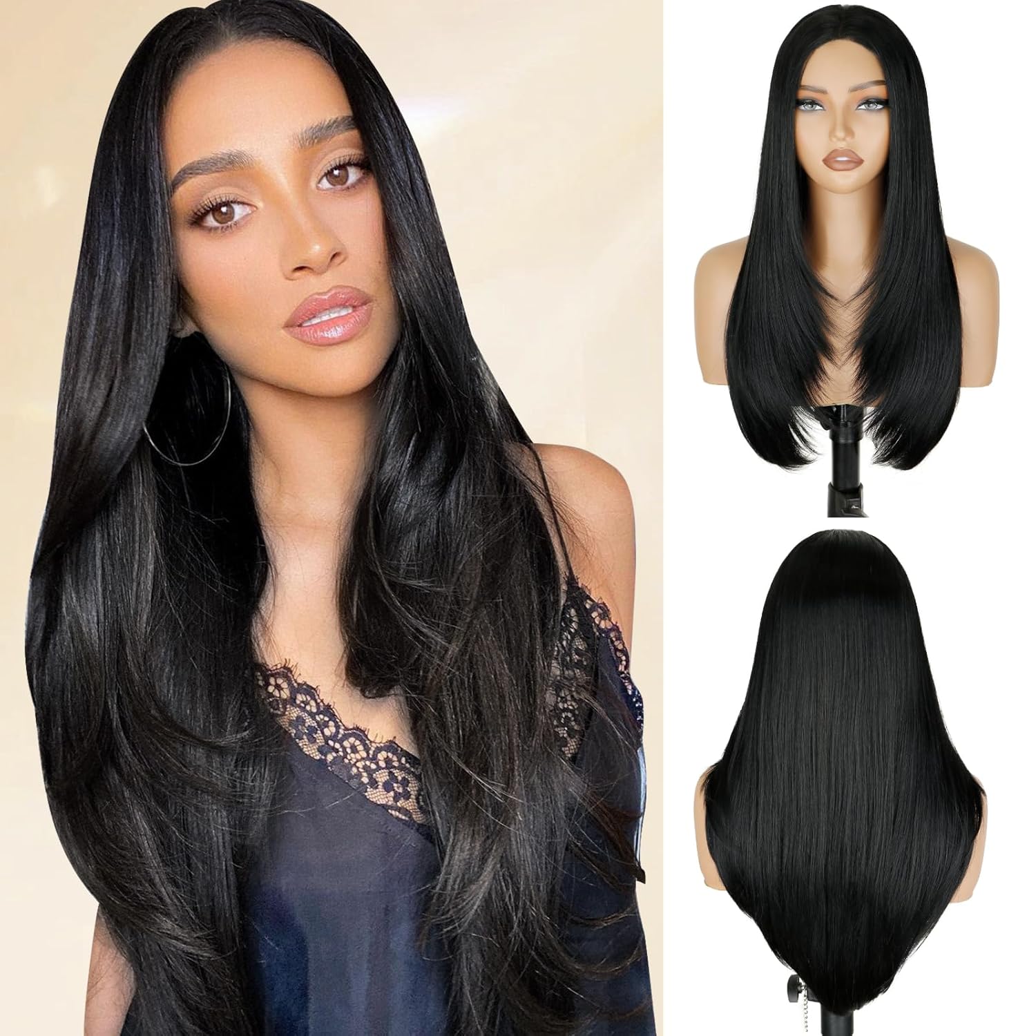 Black Long Straight Layered Lace Front Wig for Women Glueless Synthetic Wear and Go Wigs Pre-Plucked Pre Cut 4x6 HD Lace for Girls Party Cosplay and Daily Use 26 Inch