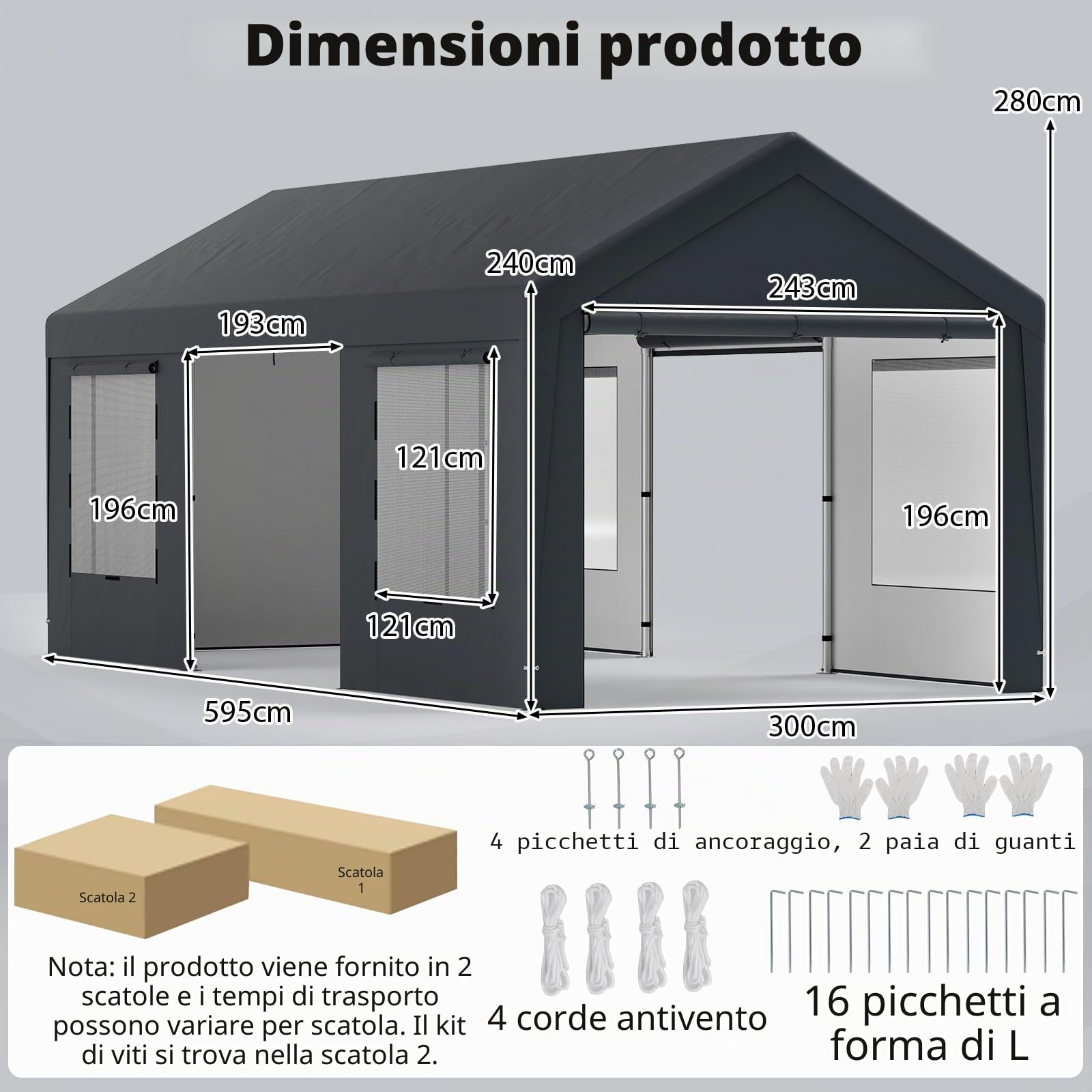 SOARS Tenda Garage Auto Esterno 300 X 595 X 280 CM, Tettoia per Auto con Telaio in Metallo e Copertura in PE Resistente alle Intemperie, Capanno da Giardino per Vehicolo, Biciclette, Moto, Attrezzi