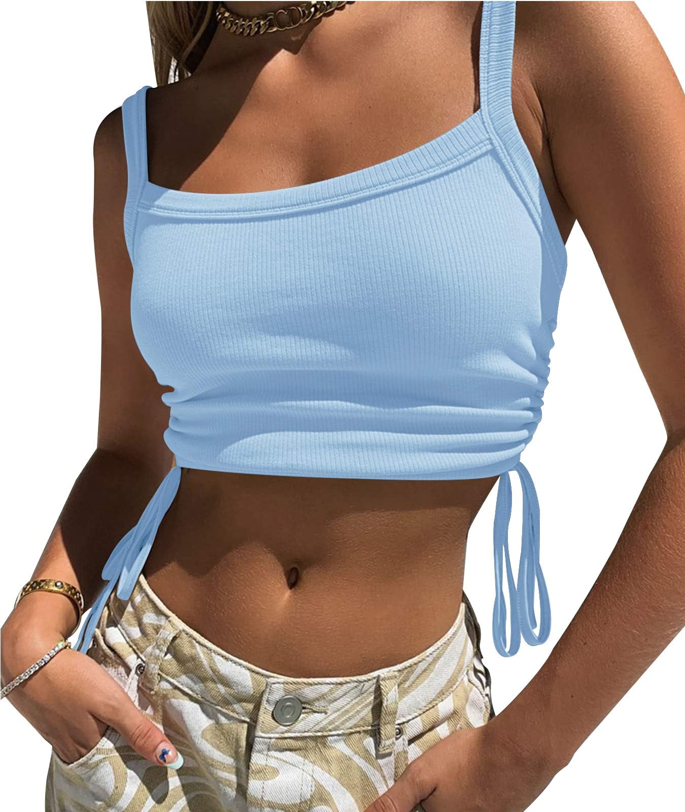 Women's Crop Tops Drawstring Tie Sides Rib Knit Tank Sleeveless Tee Shirt
