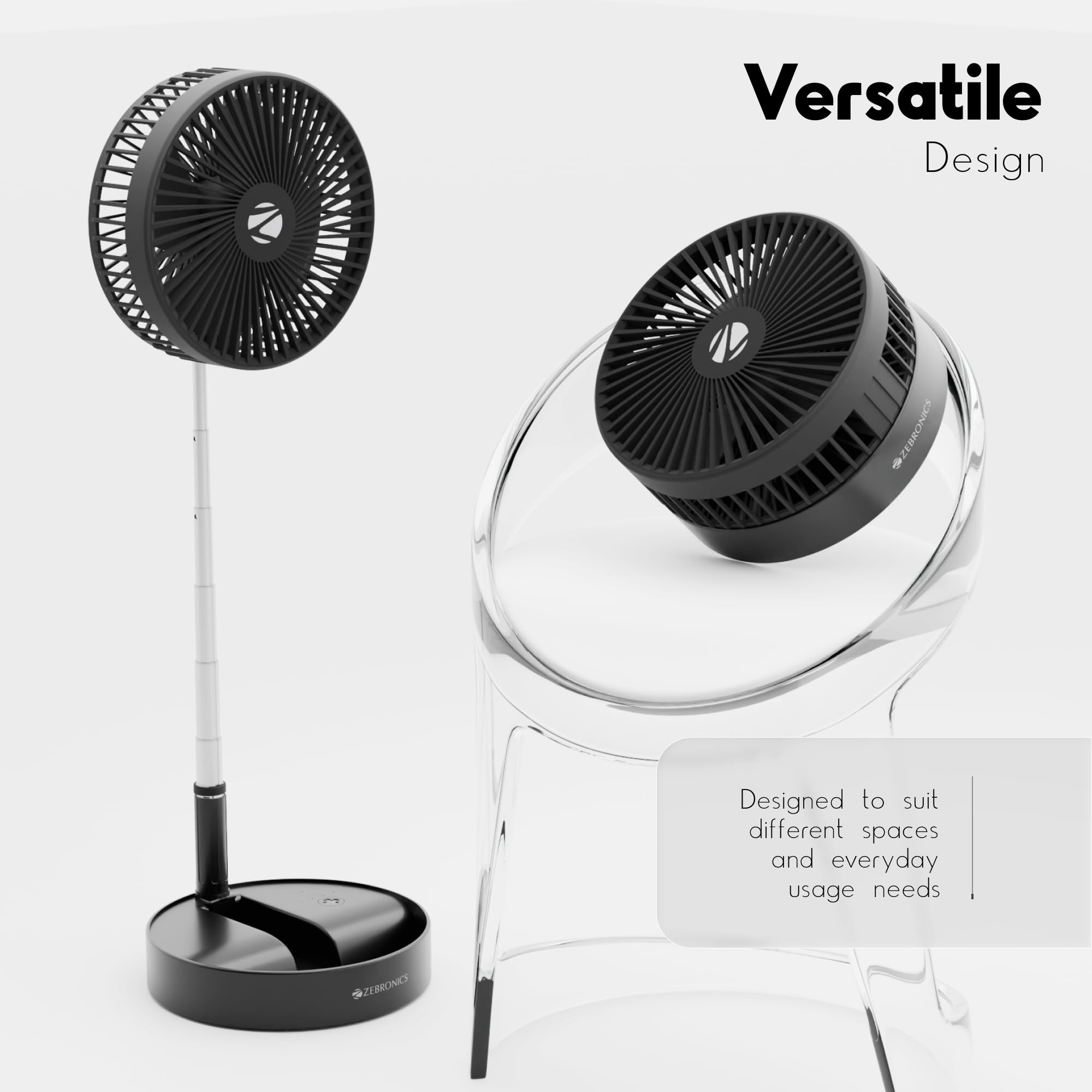 Zebronics Heat Buster 500 Portable Tower Fan, 6000 RPM, Up to 8H Backup, 3 Speed+Breeze Mode, 5400mAh Battery, Telescopic & Foldable Design, Type-C Charging, Suitable for Car, Black 4