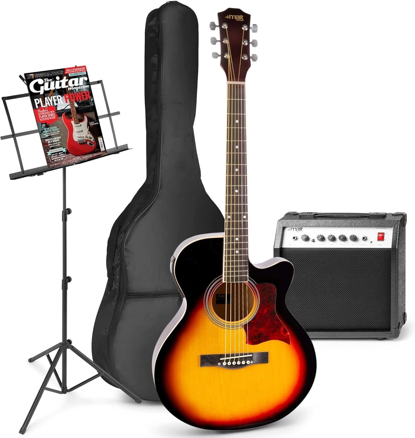 MAX ShowKit Guitare Électro-Acoustique avec Accessoires - Sunburst, Idéal pour Débuter la Guitare