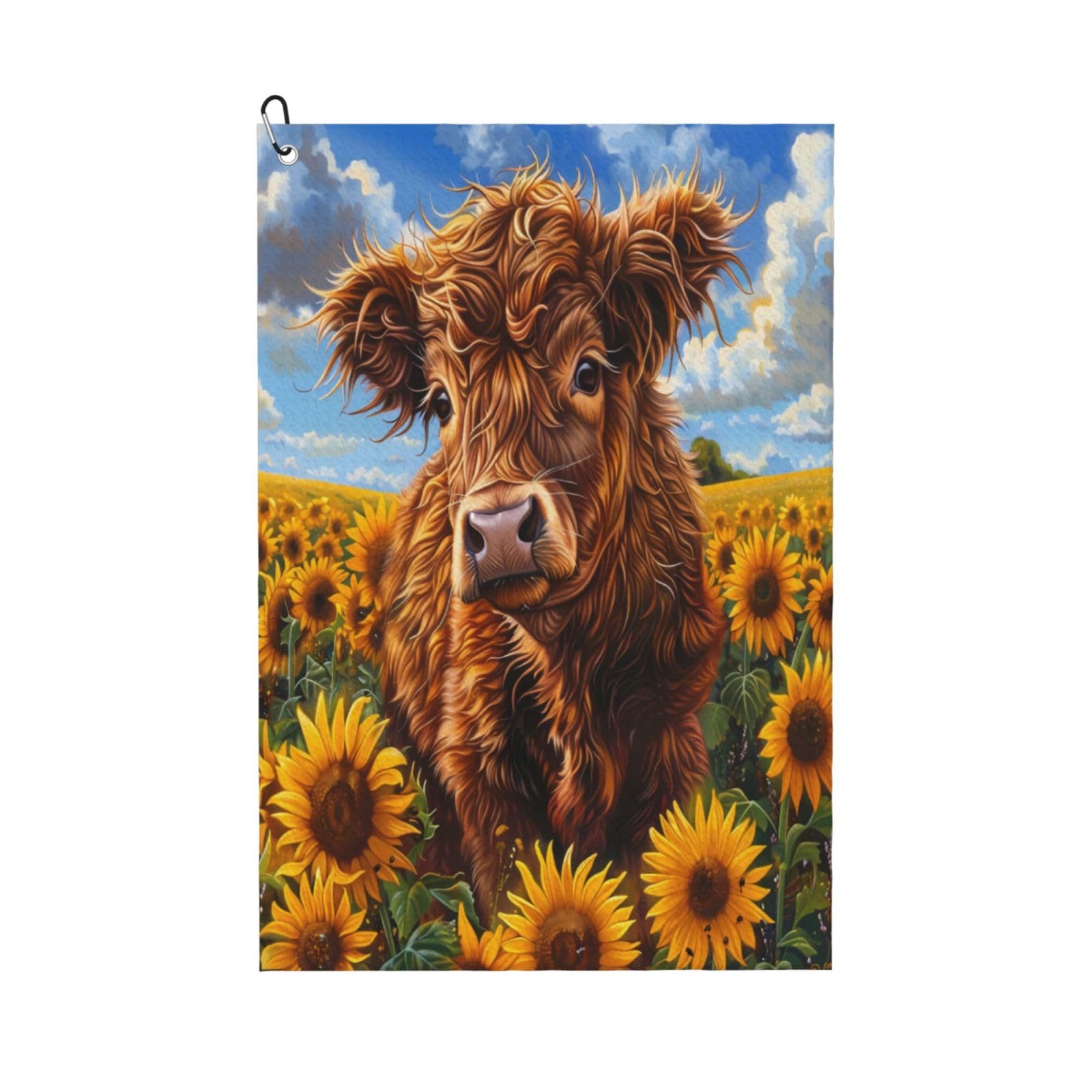 AOOEDM Cloud Sky Sunflower Cow Print Golf Towel with Carabiner Clip Absorbent Microfiber Golf Towel for Cleaning Golf Ball Club Putter Iron for Golf Bag Trolly Belt Loop 16" X 24"
