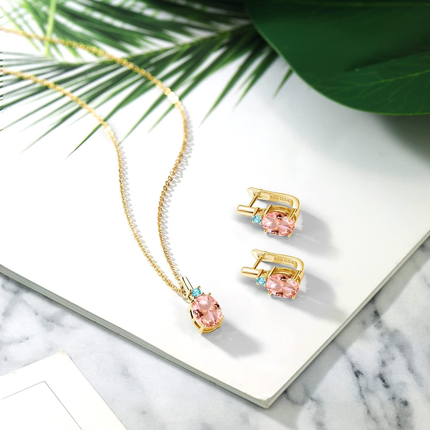 Gem Stone King Gemstone Birthstone and Swiss Blue Topaz Pendant and Earrings Jewelry Set for Women in 18K Yellow Gold Plated Silver | Oval 8X6MM and Round 2.5MM | With 18 Inch Chain
