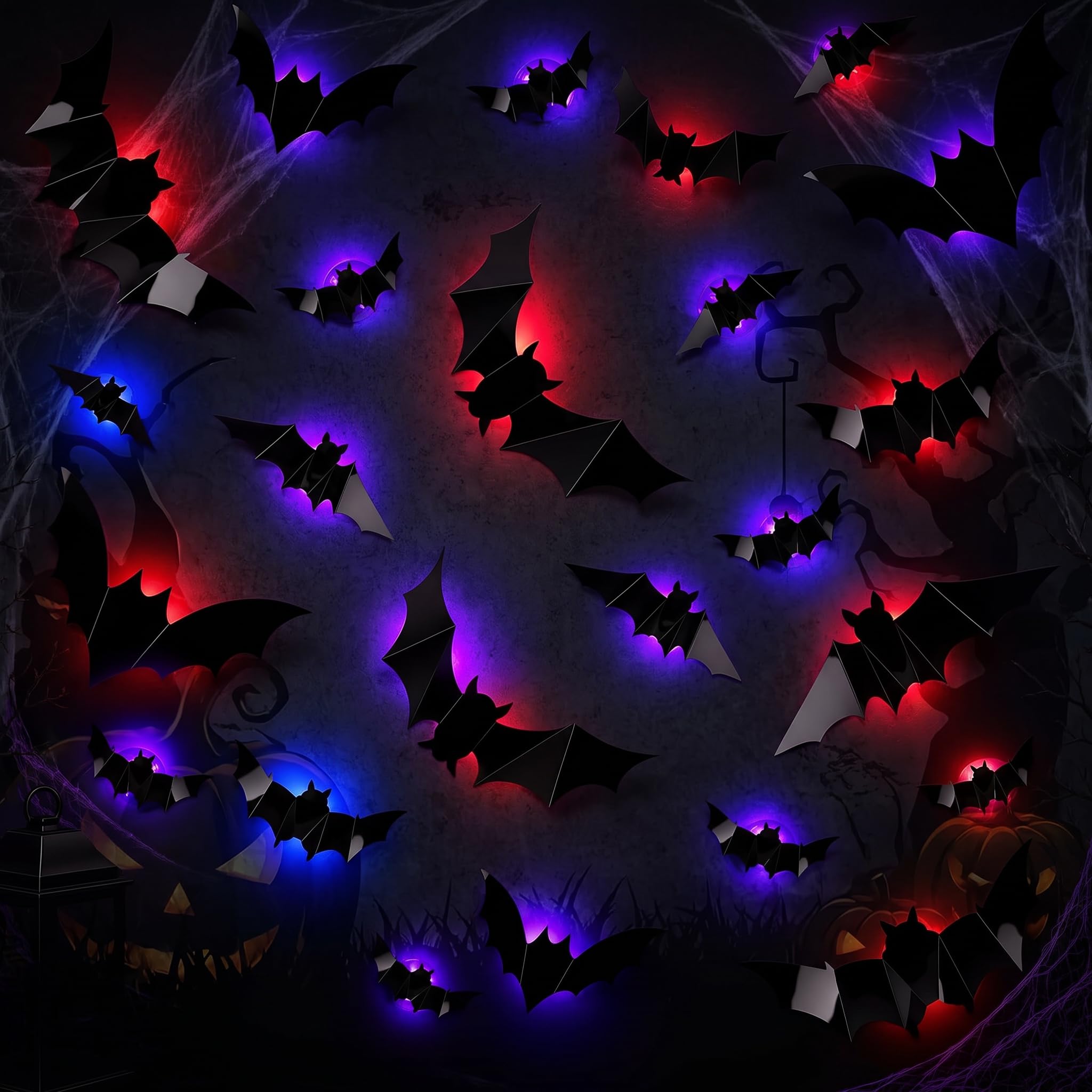 TSLBW 24 Pcs Halloween 3D Bat LED Decoration Lights Realistic LED Bats Wall Stickers Halloween Bats Luminous Decorations for Indoor Outdoor Home Bar Window Door Porch Haunted House Party (A)