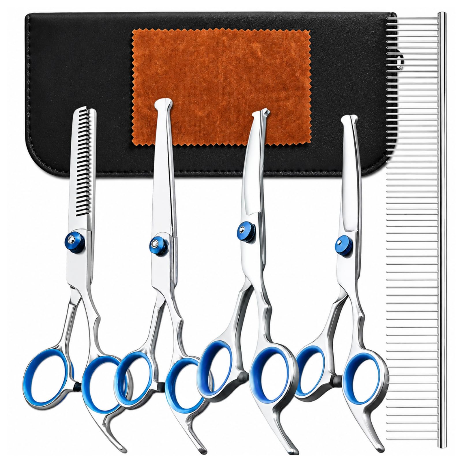 AropaeenGlowry 6-in-1 Professional Pet Grooming Scissors Kit: Heavy Duty Titanium Coated 4CR Steel, Rounded Safety Tips for Dogs/Cats