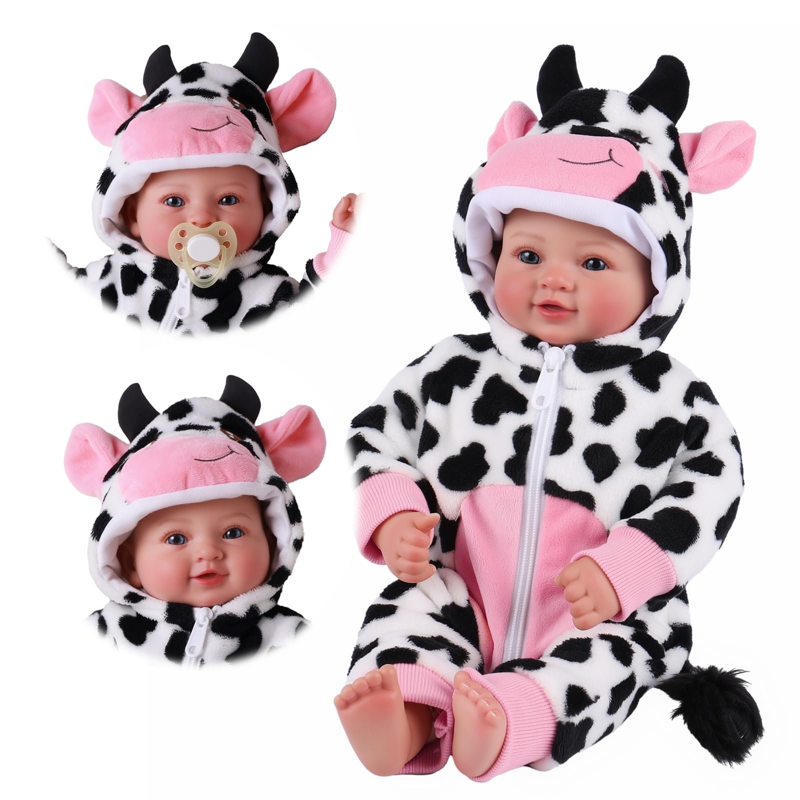 BABESIDE Baby Doll Girl - 17inch Realistic Dolls Wearing Cow Suit,Soft Bodied - Lifelike Reborn Newborn with Accessories for Children from 3 Years Old