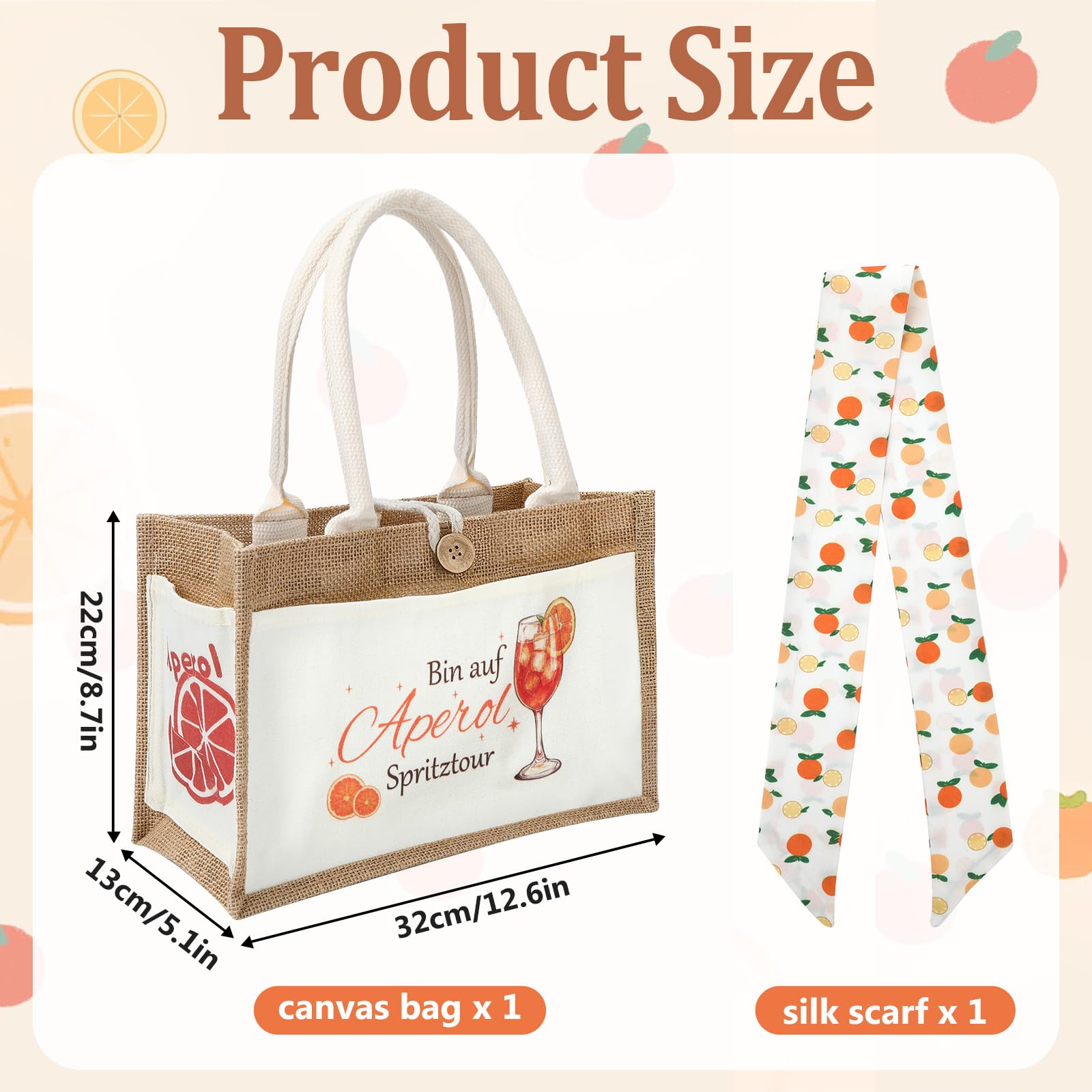 Aperol torba na prezent, 32 x 22 x 13 cm, torba Aperol Spritz z 1 jedwabnym szalikiem, torba na zakupy z motywem apperolu, torba jutowa dla dziewczyny, koleżanki i miłośników apperolu