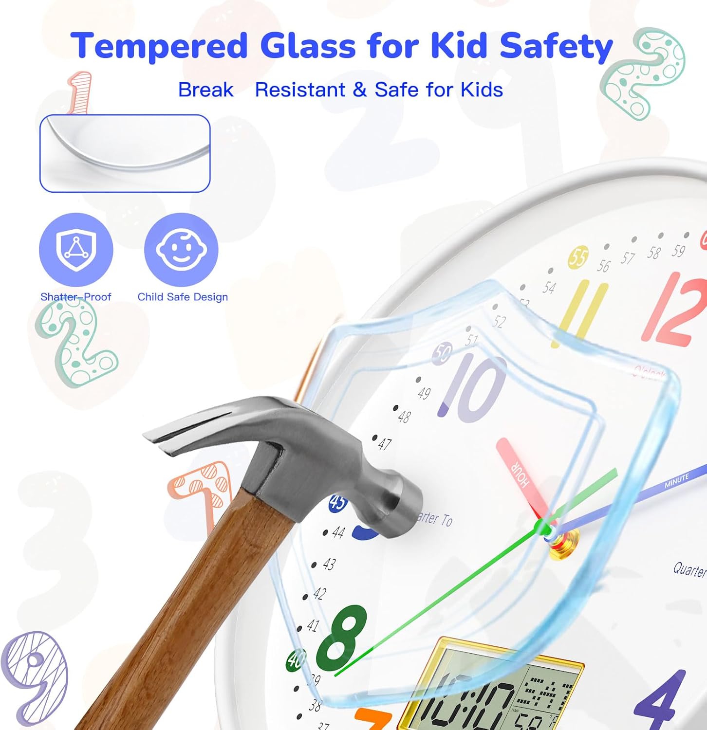 12" Silent Teaching Wall Clock with LCD Date Weekday Temperature Display – Tempered Glass, Non-Ticking Battery Operated Learning Clock for Kids Room, Classroom, Home Decor
