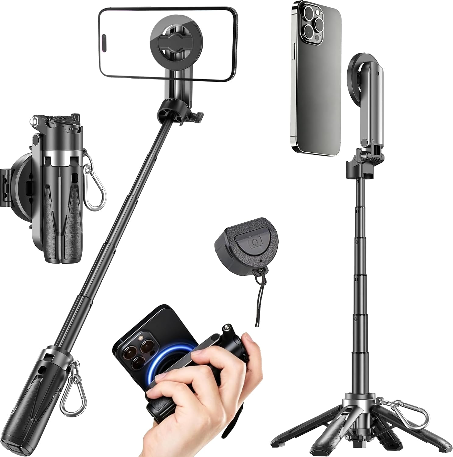 Magnetic Tripod for Phone with Remote Control, Extendable Selfie Stick Handle Grip Pocket Size, 4-in-1 Mini Phone Grip, 10m Wireless Shutter for iPhone Android Phones （Black）