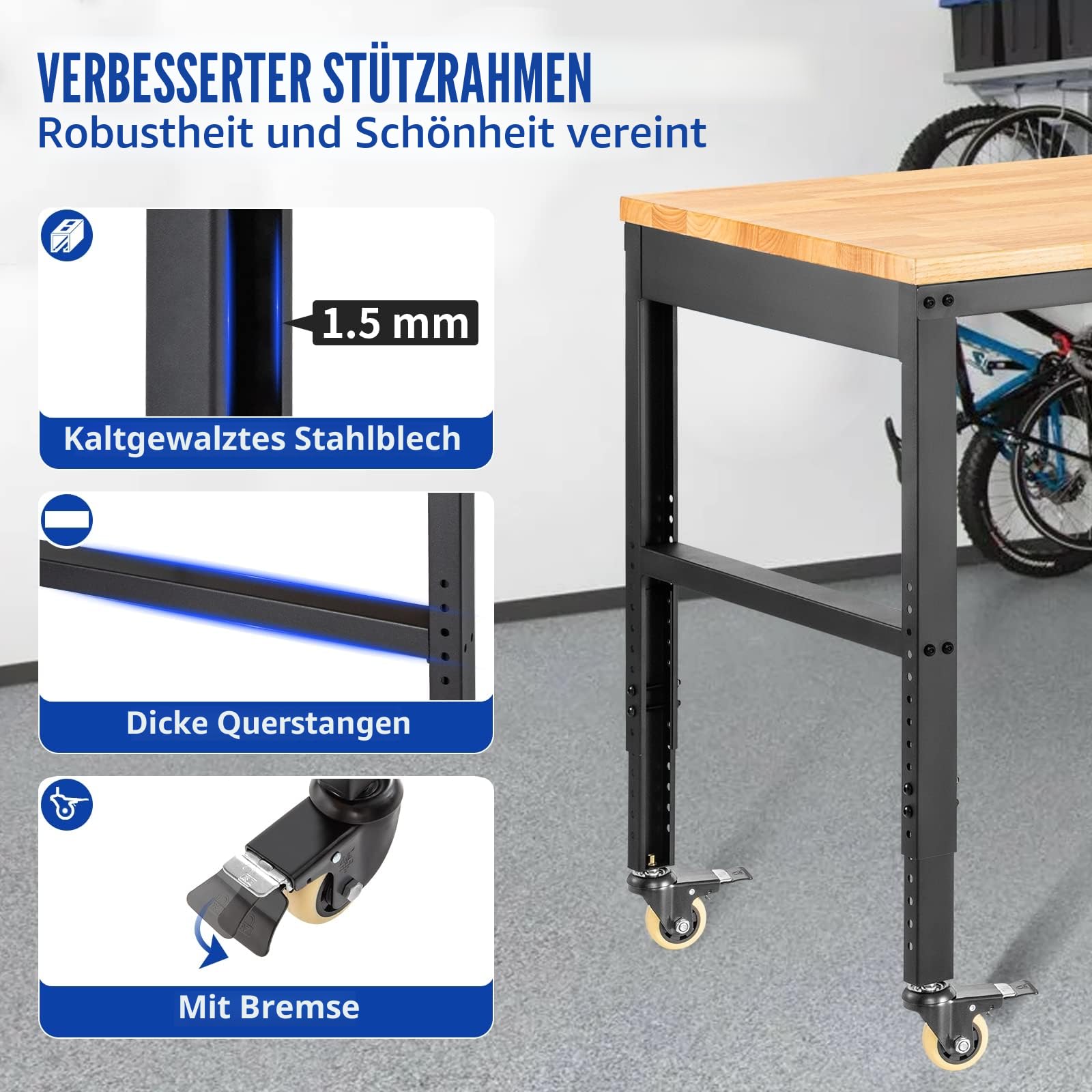 VEVOR verstellbare Werkbank, Werkbank mit Steckdose, Rädern und Stecktafel, robuster Arbeitstisch mit Eichenholzplatte für Garage, Werkstatt, Büro und Zuhause 122 x 51cm