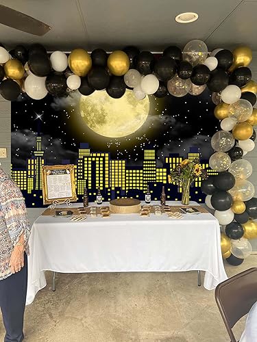 Miniatura 6 de Telón de fondo de superhéroe de Super City para fotografía, 8 x 6 pies, color amarillo, luna llena, paisaje urbano, fondo de foto, baby shower,