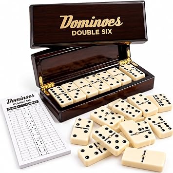 Double Six Dominoes Gift Set 28 Tiles with Spinners in Premium Wooden Box