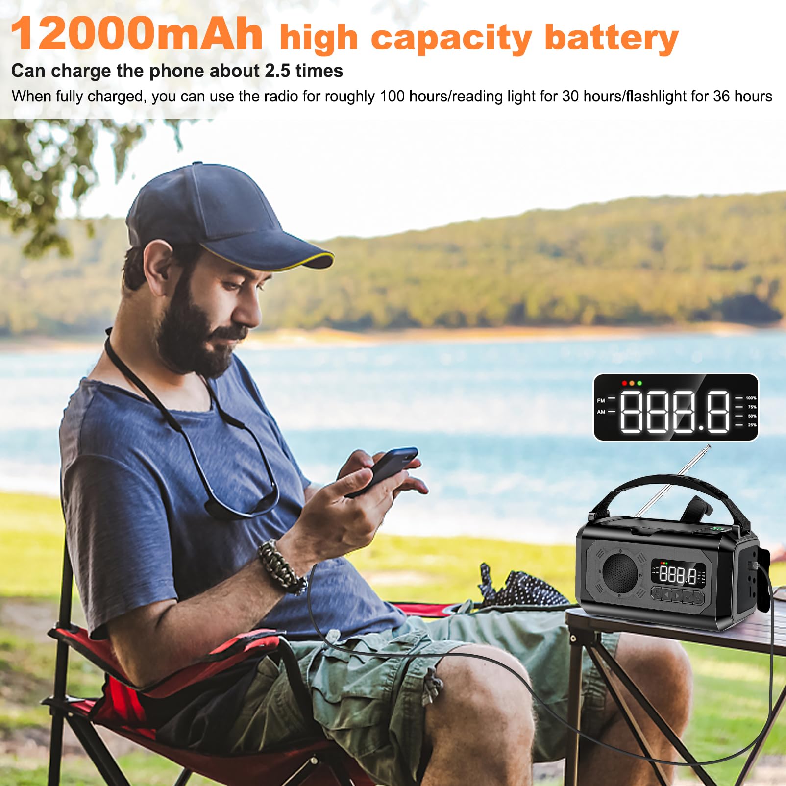 12000mAh radio Manovella,2 Pannelli Solari,AM/FM Radio Solare di Emergenza,3 Metodi di Ricarica 7 in 1 Radio Portatile di Emergenza,SOS,Torcia,Bussola,Lampada da Lettura