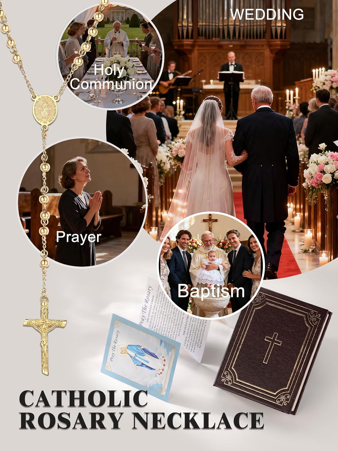 FOCALOOK Rosary Chain Necklace Virgin Mary Prayer Necklace with Crucifix/Jesus Cross Pendant Catholic Long Y Drop Chain Jewelry Gift for Women Men (with Rosary Box & Pray Card)
