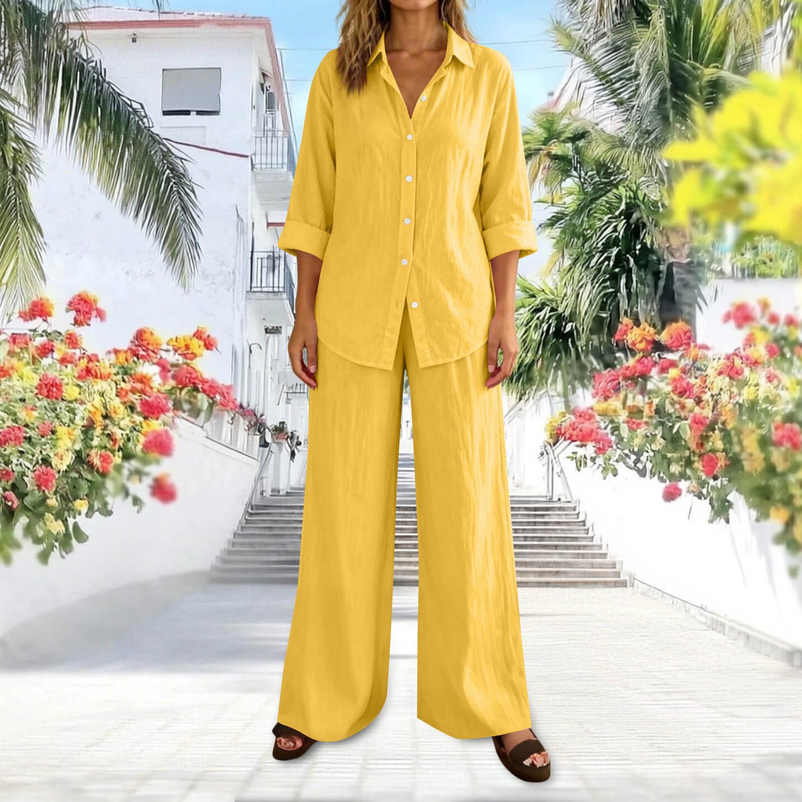Mock Linen Co Ord Set per le donne Plus Size Casual 2 pezzi Abiti a maniche lunghe Button Down Camicia a gamba larga Pantaloni Loungewear Set Casual Allentato Tie Back Tute Da Viaggio Set Aeroporto