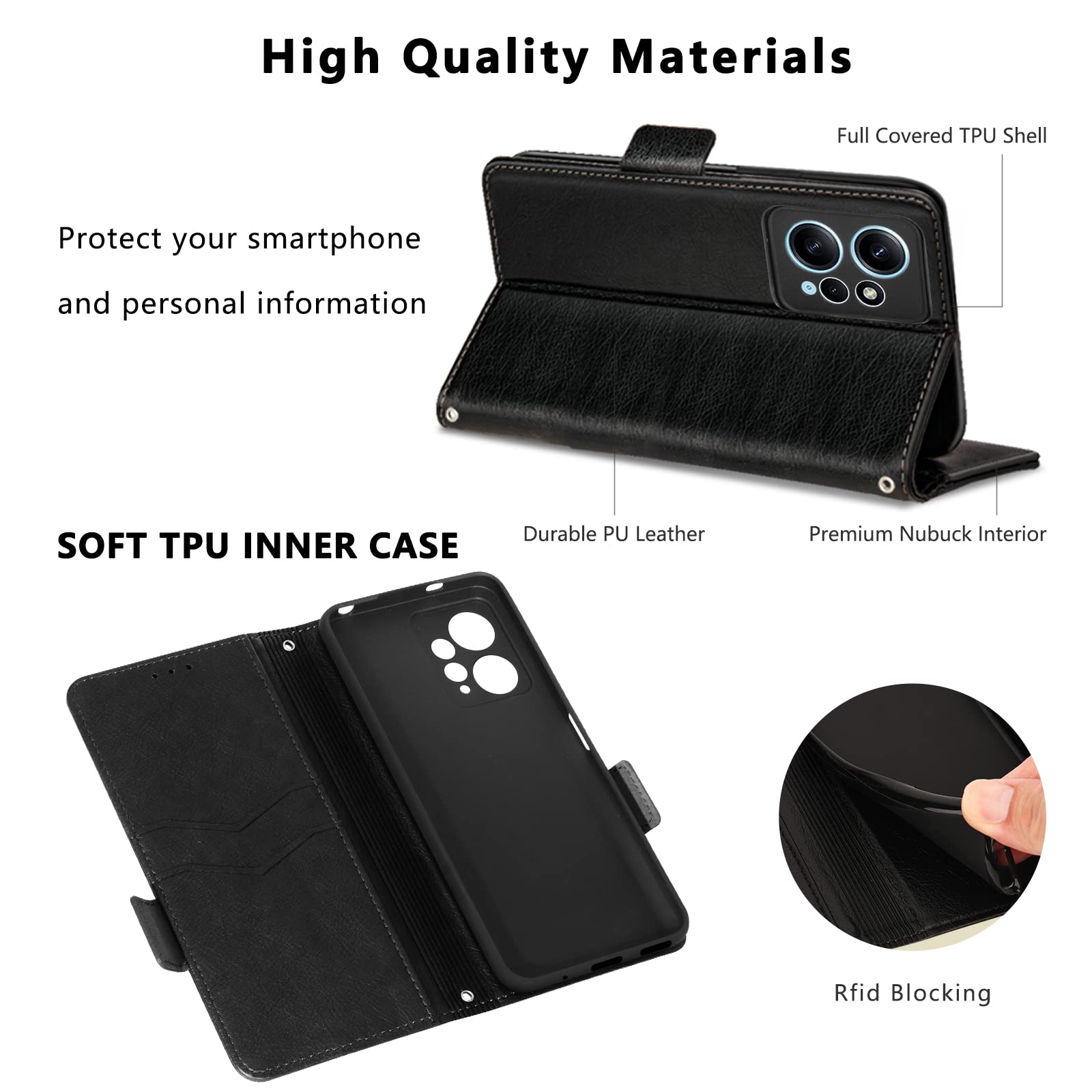 Cover Portafoglio A Libro Per Xiaomi Redmi Note 12 4G – Pelle PU Con Bumper In Silicone, Fibbia Magnetica, Porta Carte E Cavalletto (Nero) - 4