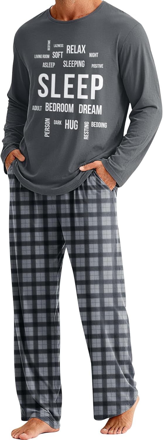Mens Pajamas Set Sleepwear Long Sleeve Tops and Plaid Pajama Pants Set Soft Loungewear Sets with Pockets