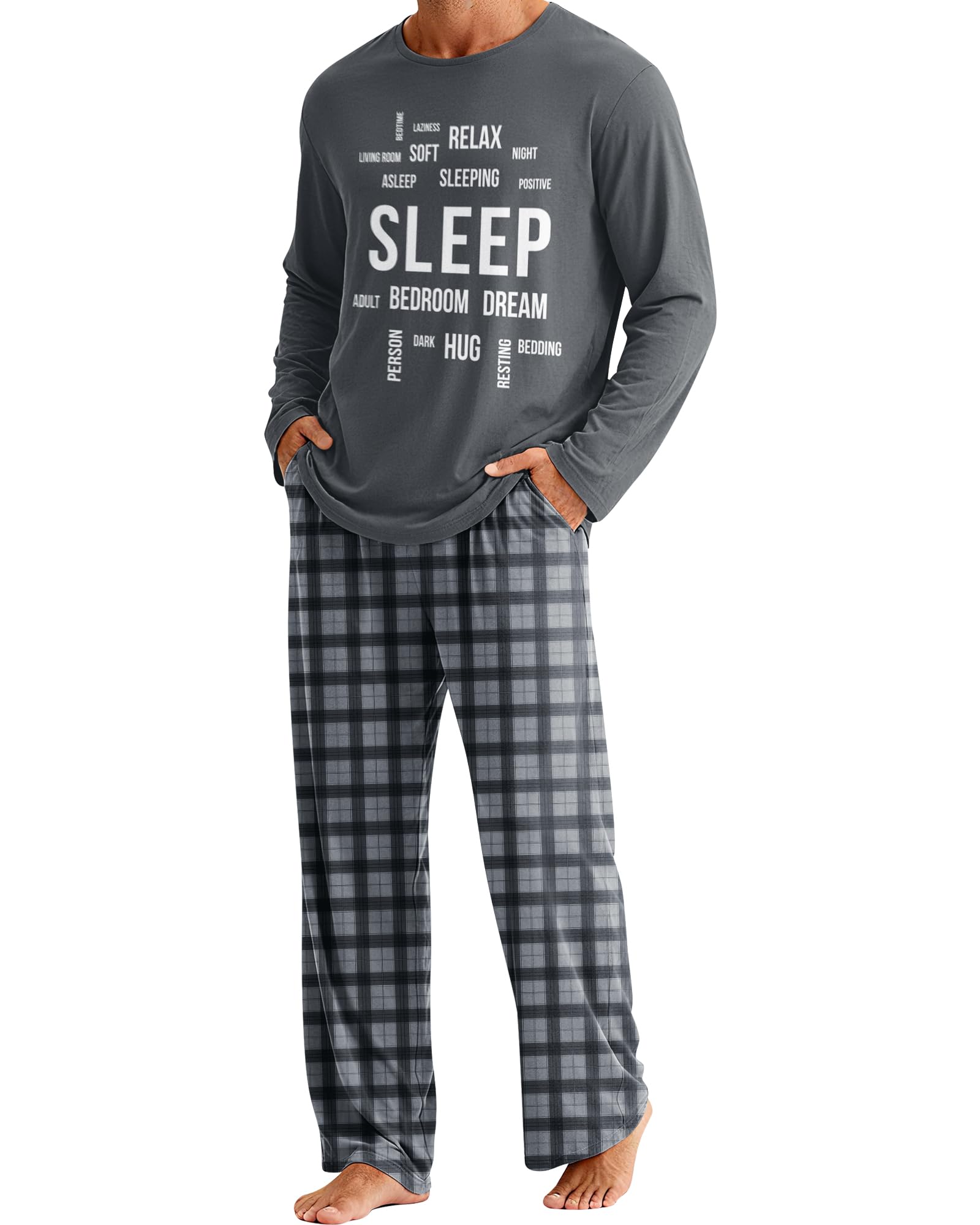 Mens Pajamas Set Sleepwear Long Sleeve Tops and Plaid Pajama Pants Set Soft Loungewear Sets with Pockets-picture-45