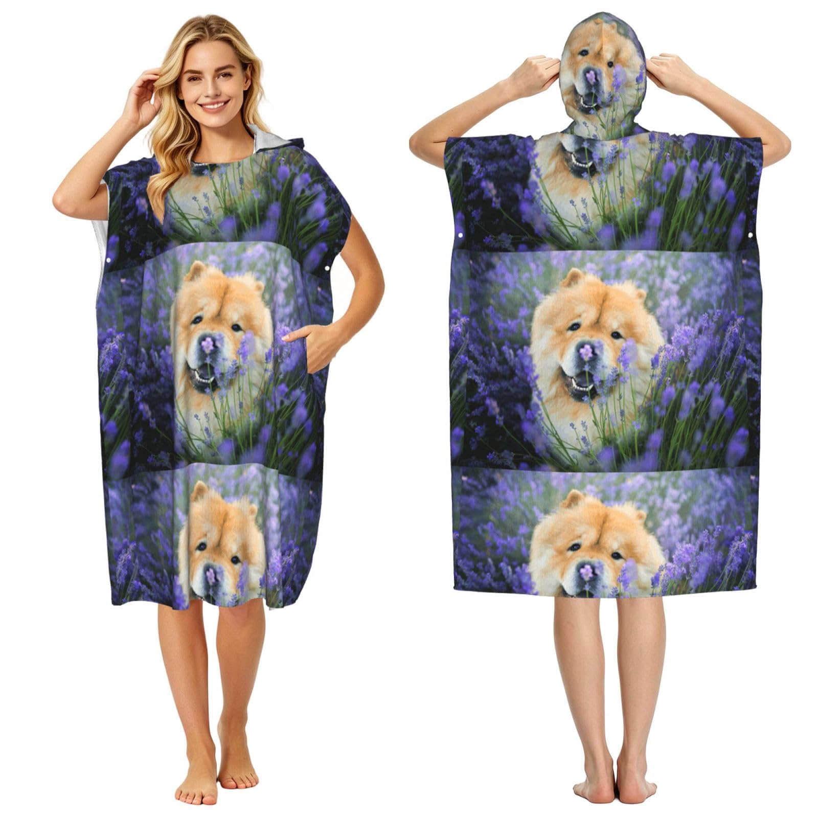 Poadnly Chow-Chow Sweet Fluffy Brown Dogs Purple Wild, Adult Hooded Beach Towel 90 x 110 cm,Changing Bath Robe, Surf Poncho Towel For Women Men