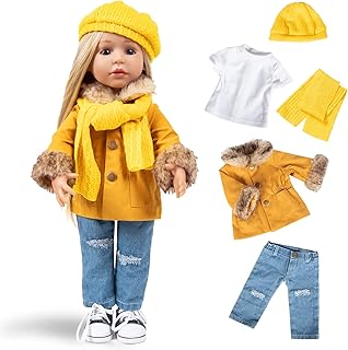 Rakki Dolli Doll Clothes Set 5-PC Fashion Mustard Winter Coat Set Includes Warm Coat, Shirt, Jeans, Yellow Knit Hat & Knit Scarf, Outfits Casual Wear Fits 18 Inch American Girls Dolls 003