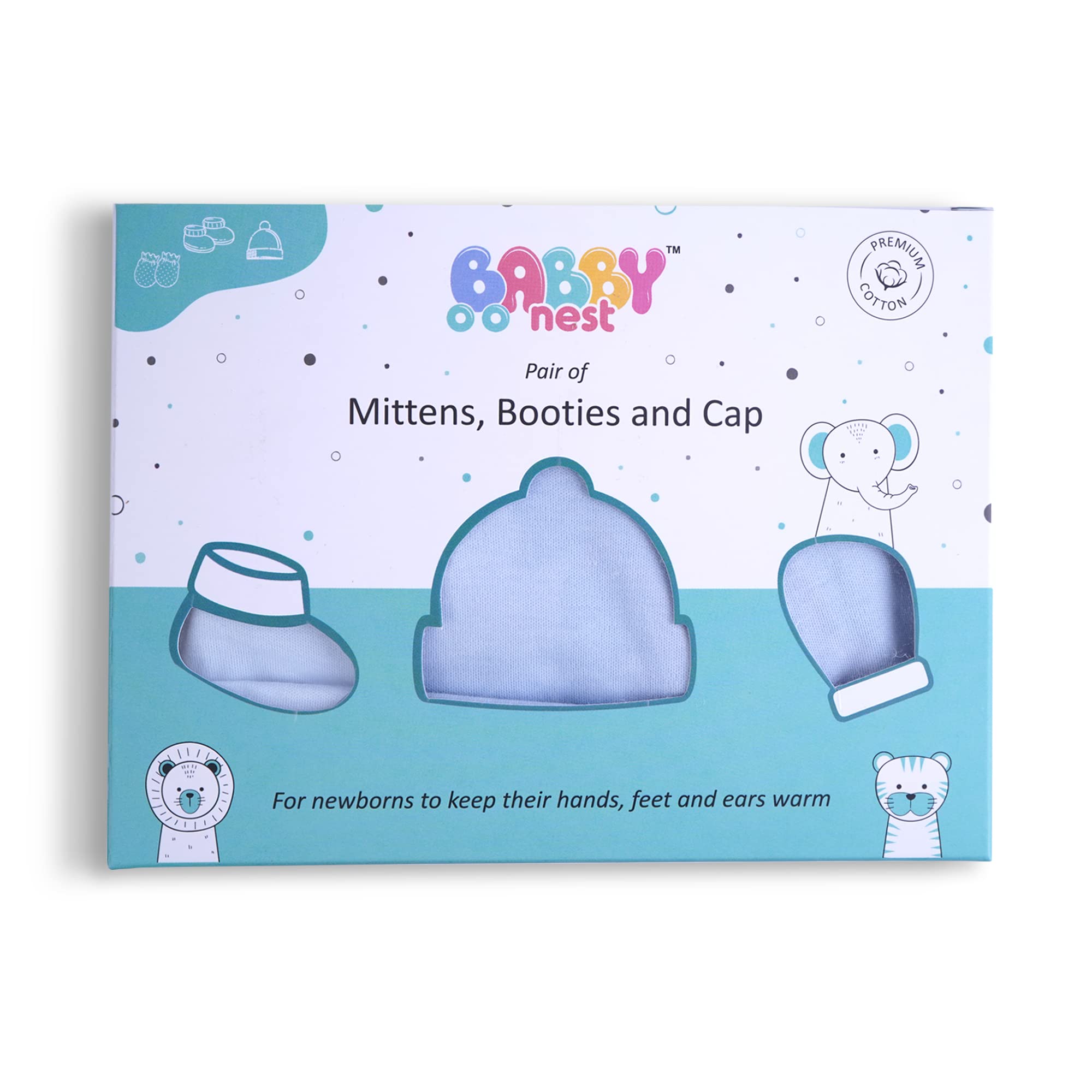 Babby Nest Baby Mittens, Booties and Cap Set - 2 Sets (Assorted Colours) | Booty Combo for Boys & Girls | Pure Cotton Set | Multicoloured Cap, Hand Gloves and Socks. (0-6 Months Solid Blue-Yellow)