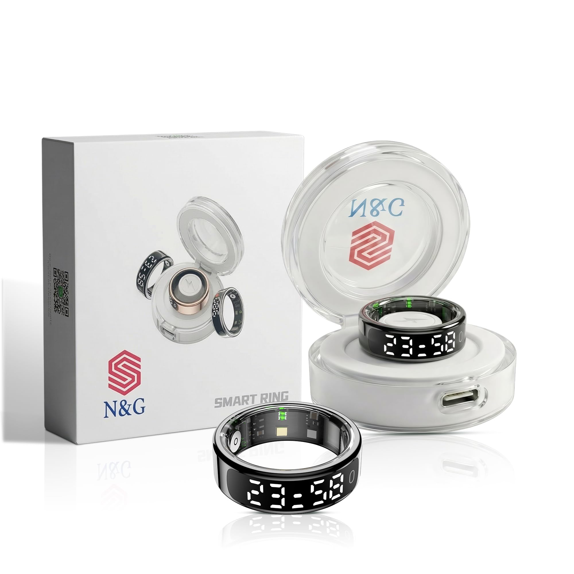 N&G Smart Ring for Men & Women – Fitness & Health Tracking Ring with LED Display, Heart Rate, Step Count & Sleep Monitor, Multi-Sport Modes, 5ATM Waterproof, iOS & Android Compatible (Black, 10)