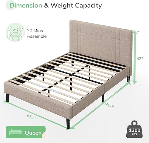 Miniatura 2 de Novilla Base de cama de plataforma Queen para dormitorio, marco de cama tamaño Queen con cabecera y soporte de listones de madera, cama de