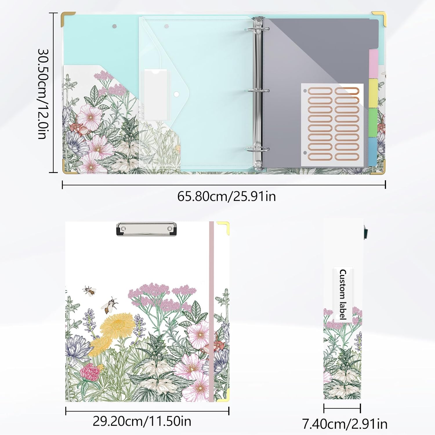 3 Ring Binder with Dividers, 2 inch Rings Letter Size (11" x 8.5") Clipboard Organizer with Storage, Floral Binder for School and Office Supplies(Wild Flowers)
