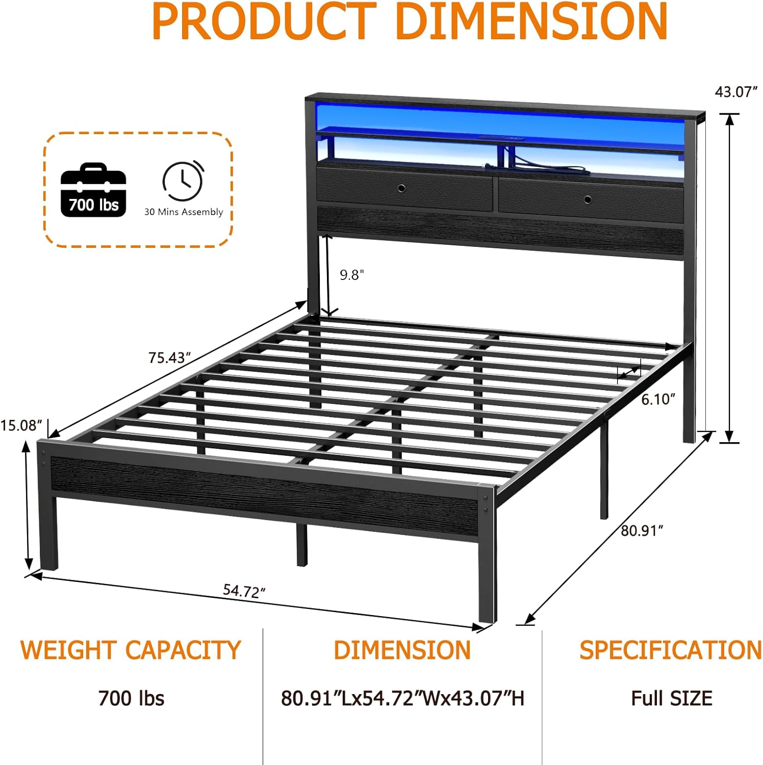 Furnulem Full Size Bed Frame with Headboard & 2 Fabric Drawers, Full Platform Bed Featuring LED Lights, Built-in Charging Station & Storage Shelves, Metal Slats, No Box Spring Needed – Black Oak